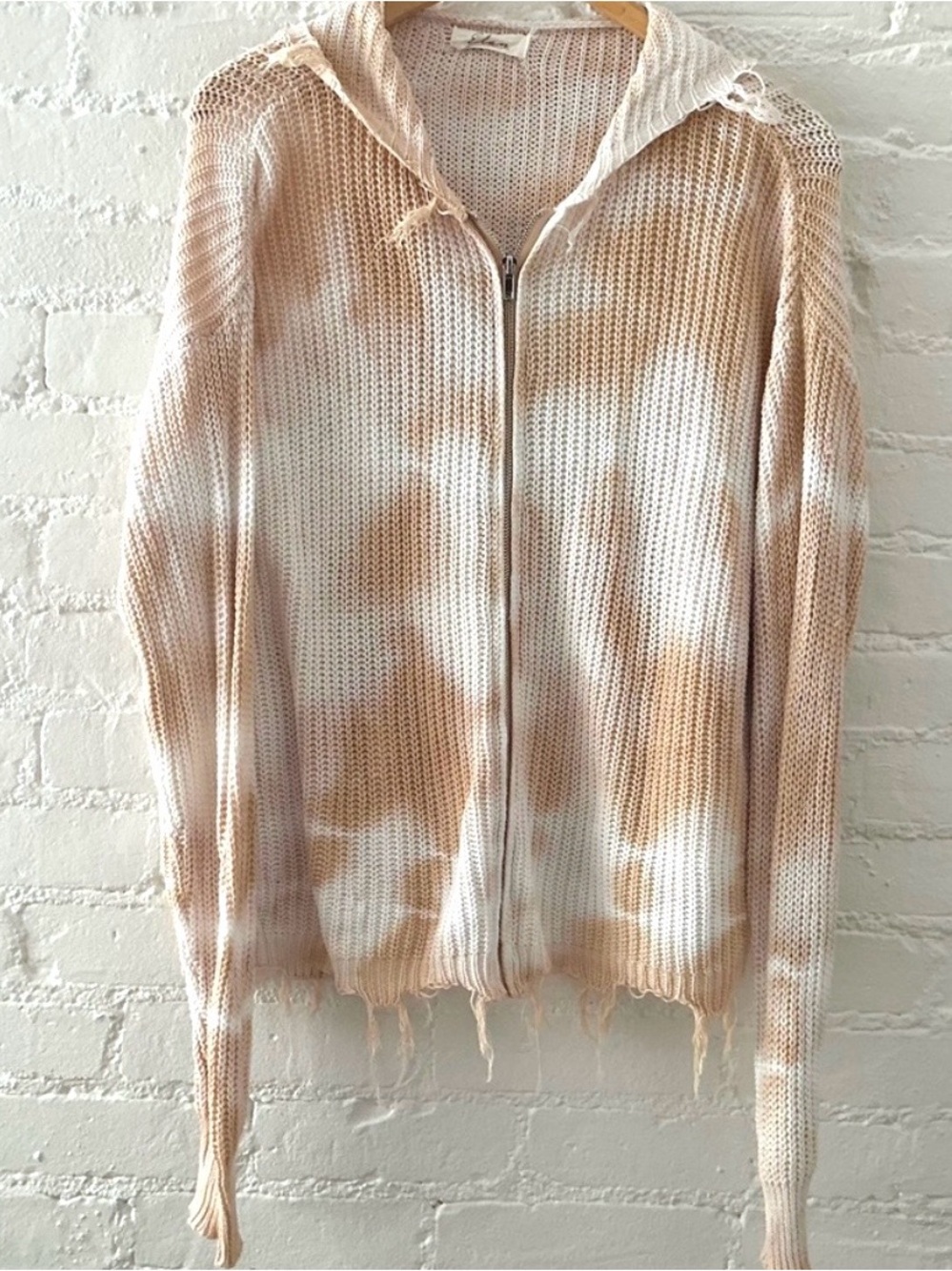ASO Greys Anatomy Beige Tie Dye Knit Hoodie Full Zip Frayed Hem Full Zip Large